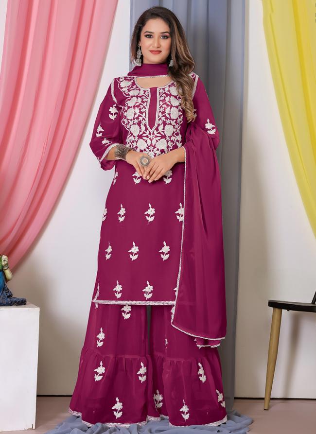 Georgette Magenta Traditional Wear Embroidery Work Readymade Sharara Suit